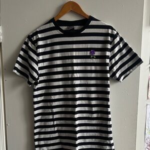Striped Black & White Tee with Purple Rose Embroidery
